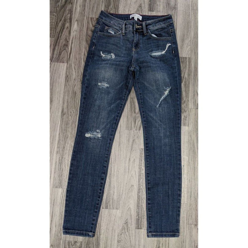 Cello Jeans Juniors Size 5 Distressed Whiskered Skinny Denim Blue Jeans